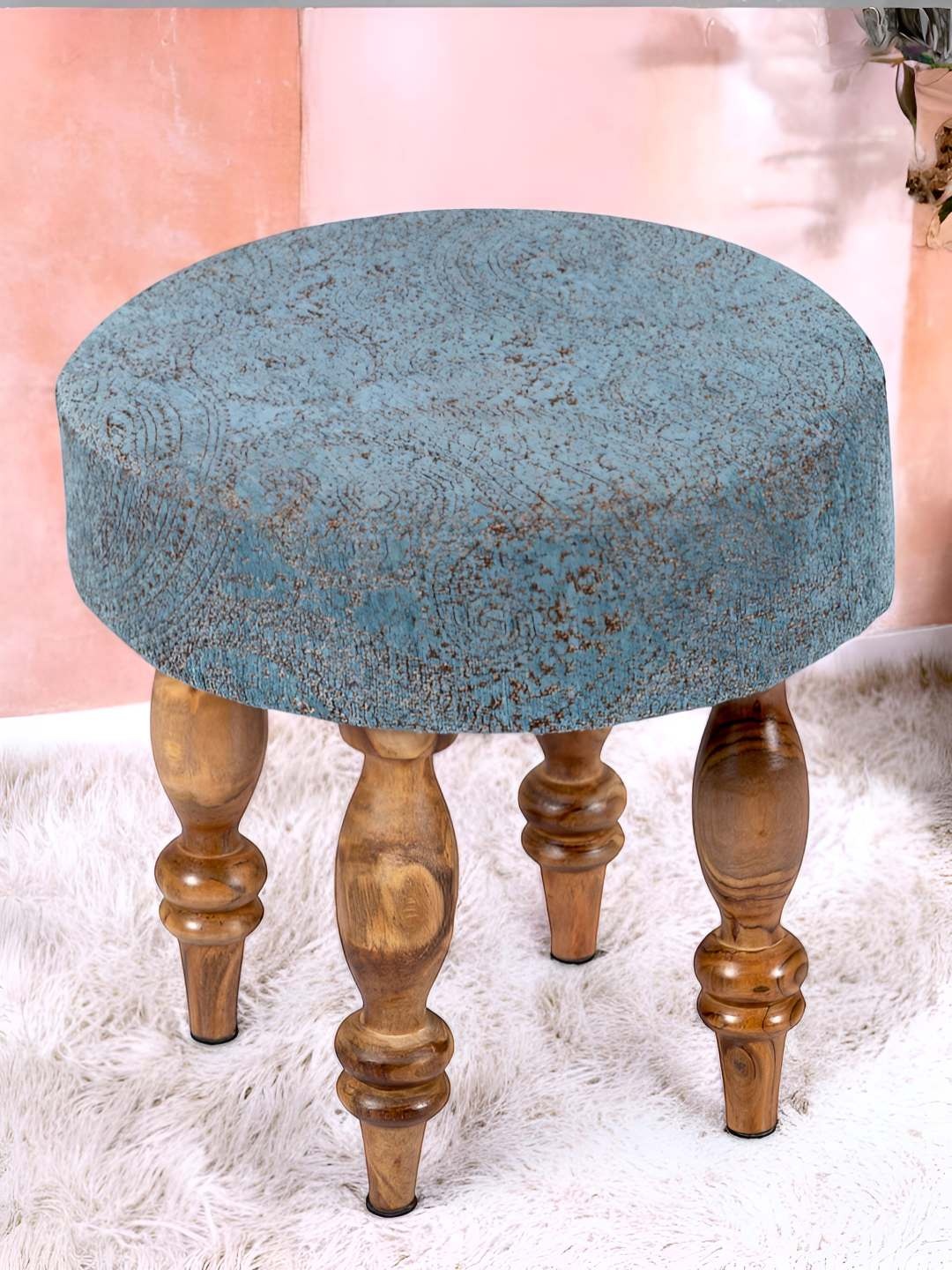 

Ikiriya Wooden Blue Jacquard Work Round Stool