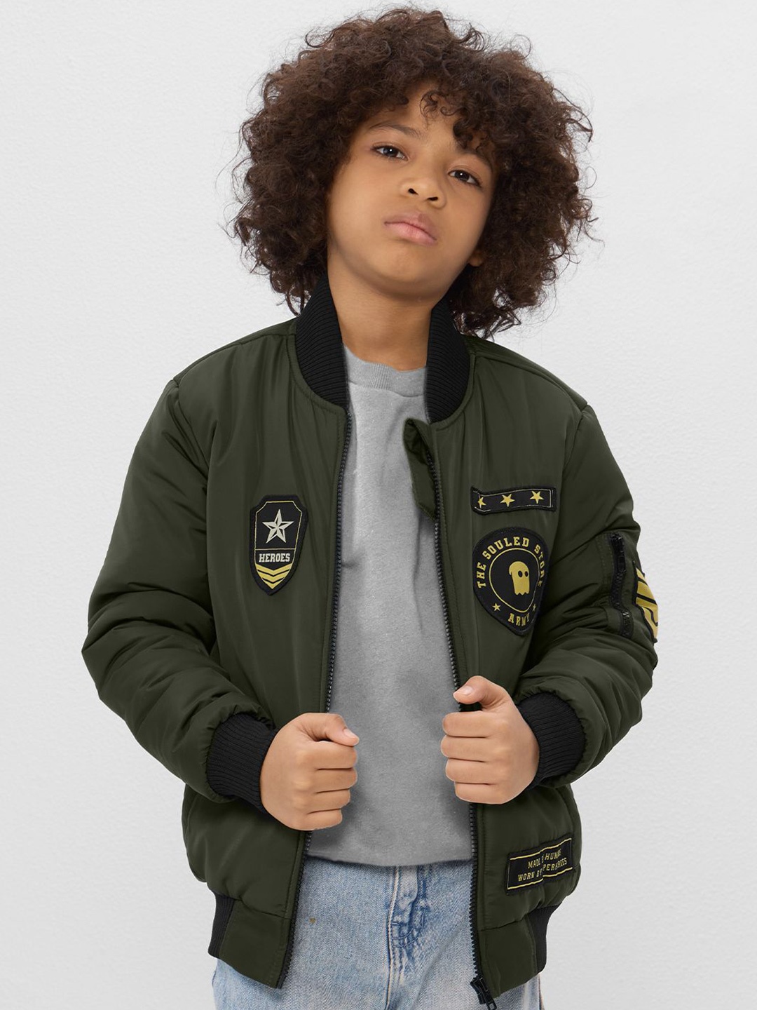

The Souled Store Boys Brand Logo Lightweight Puffer Jacket, Green