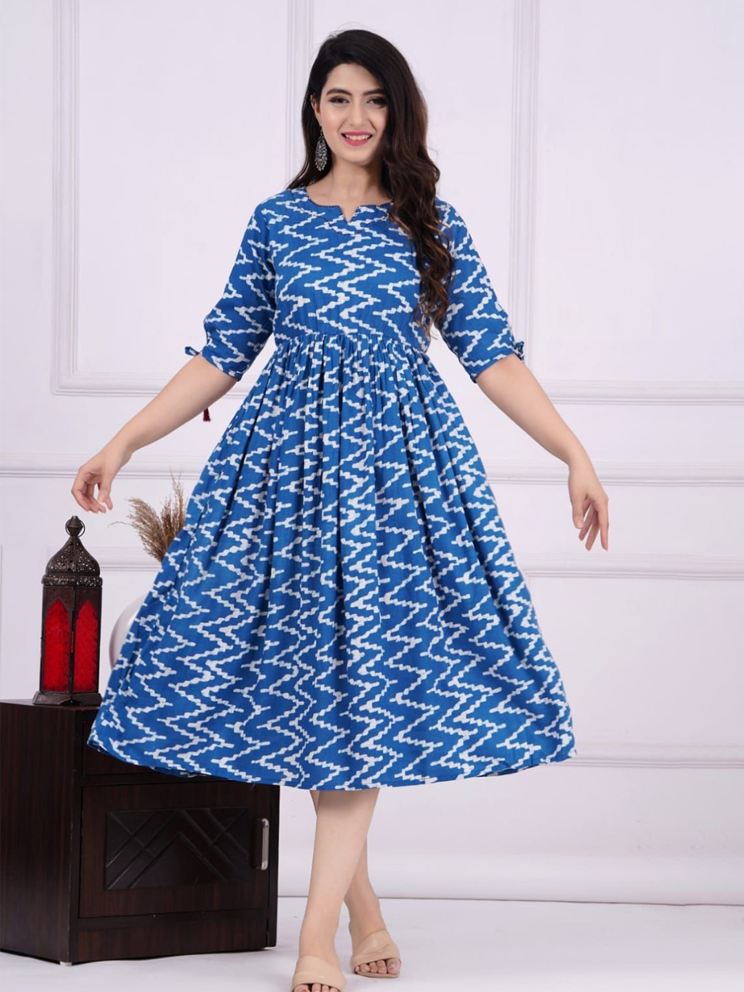 

MILAAV Women Zig Zag Printed Cotton Fit and Flare Dress, Blue