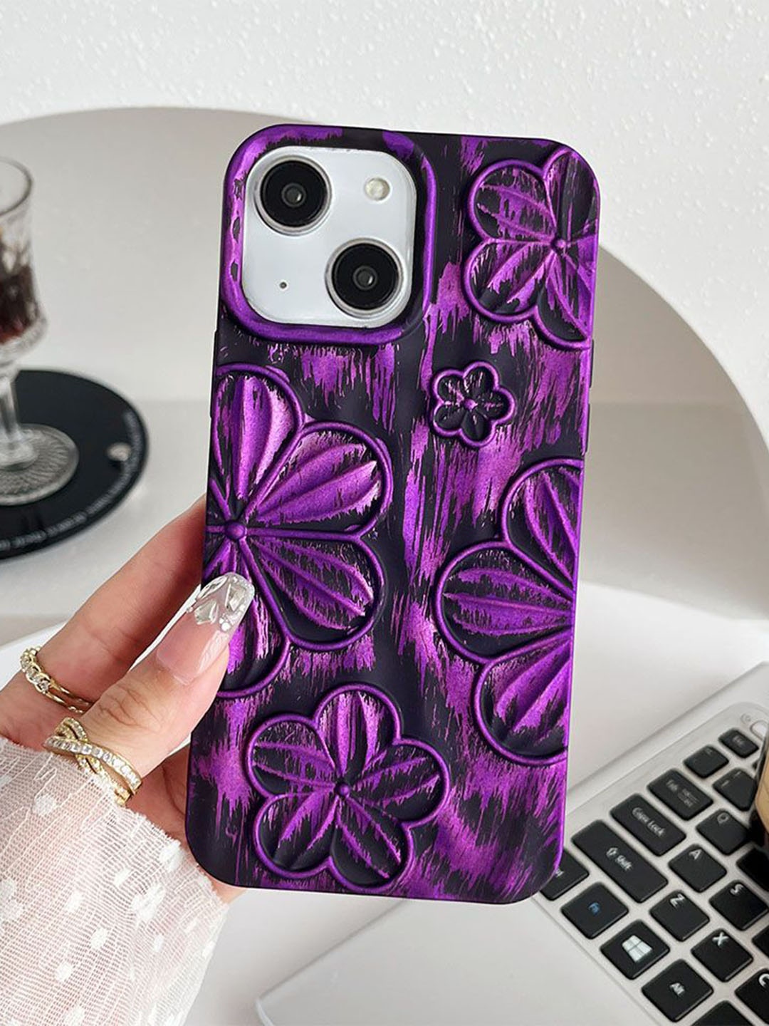 

Luxury Kase Floral Printed iPhone 15 Plus Back Case Mobile Accessories, Purple