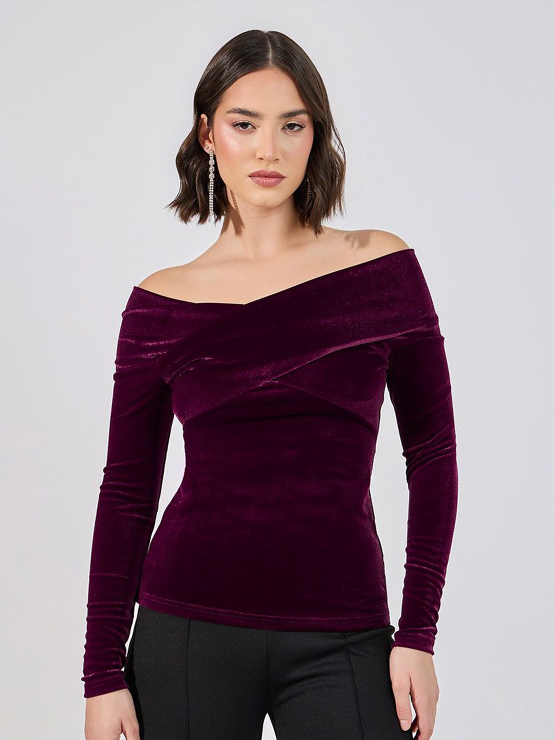 

Styli Women Off-Shoulder Neck Long Sleeves Knitted Regular Top, Burgundy