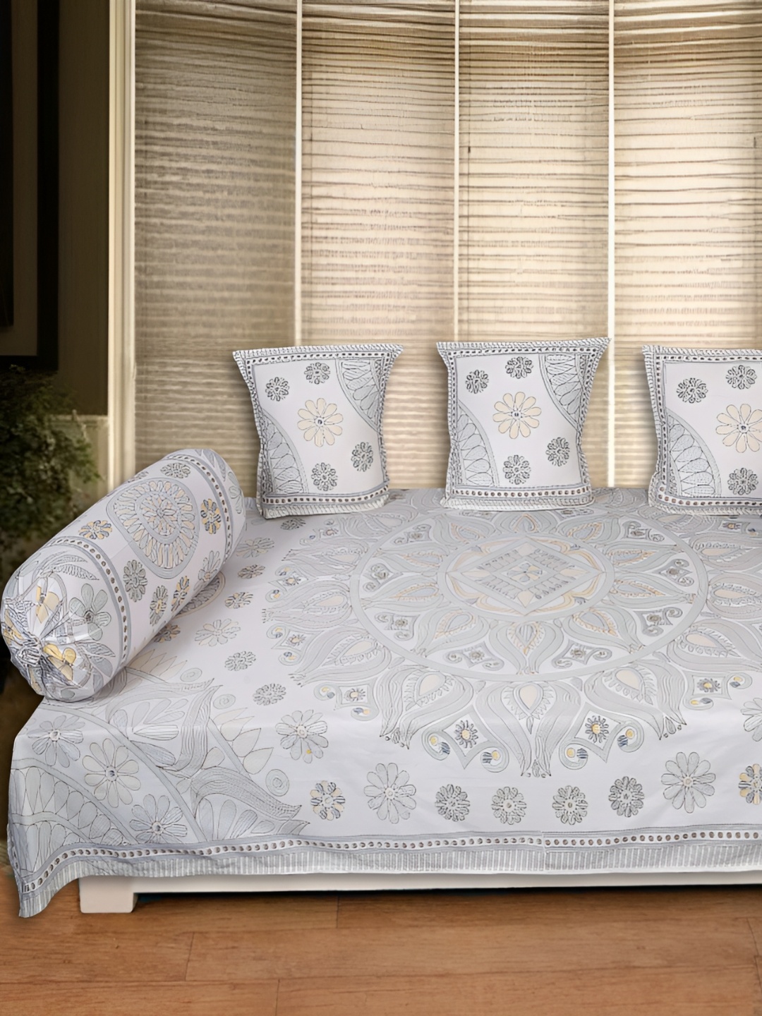 

INDHOME LIFE 6-Pcs White & Grey Printed Pure Cotton Diwan Set