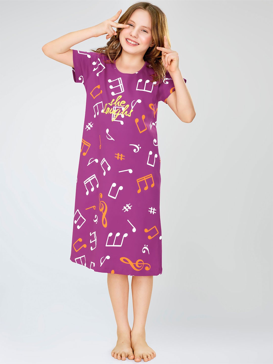 

Zeyo Girls Pure Cotton Printed T-shirt Nightdress, Purple
