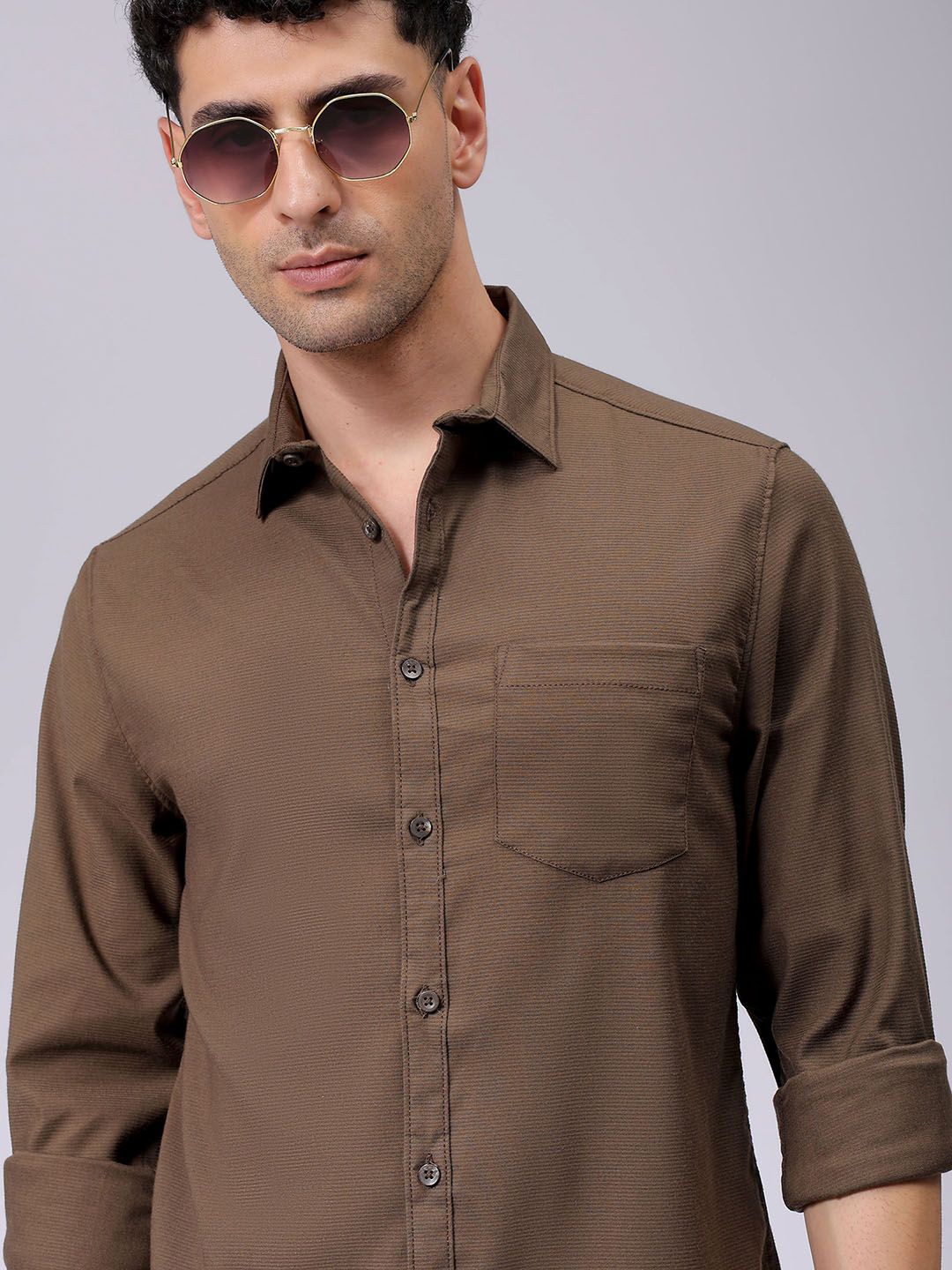 

The Indian Garage Co Men Spread Collar Solid Slim Fit Casual Shirt, Brown