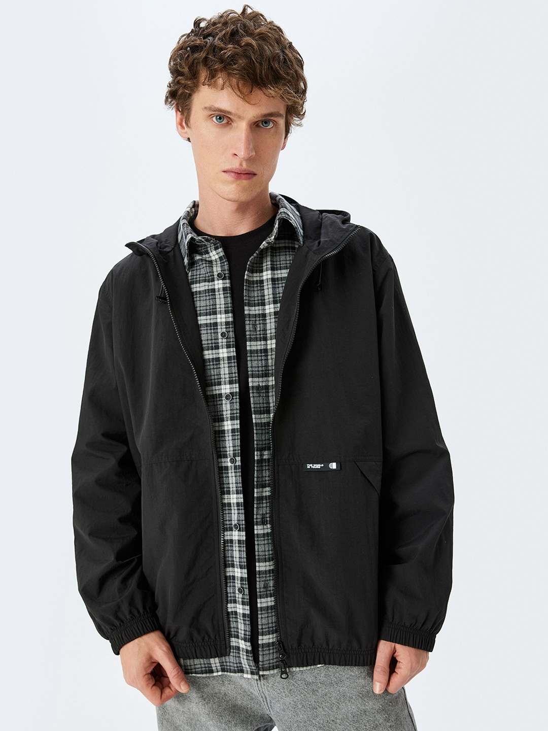 

Koton Men Checked Crop Open Front Jacket, Black