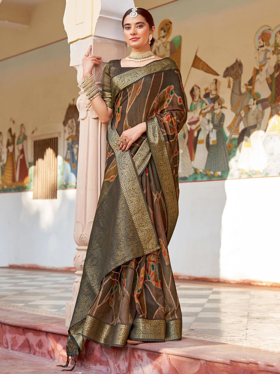 

Saree mall Ethnic Motifs Zari Sungudi Sarees, Olive