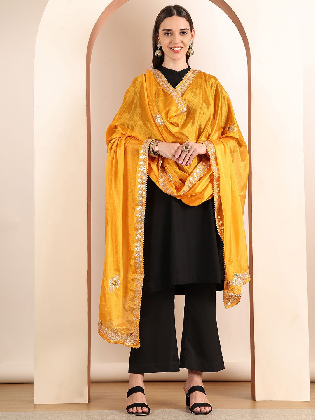 

SOUNDARYA Embroidered Dupatta with Gotta Patti, Yellow