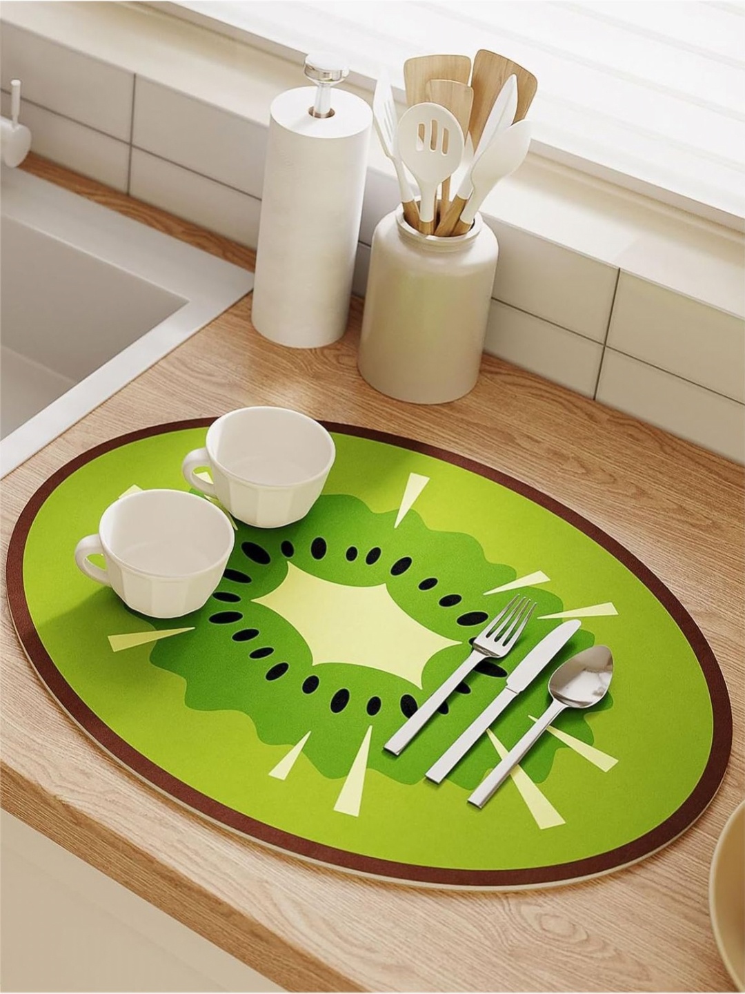 

HOUSE OF QUIRK Yellow & Green Printed Round Kitchen Dish Drying Mat