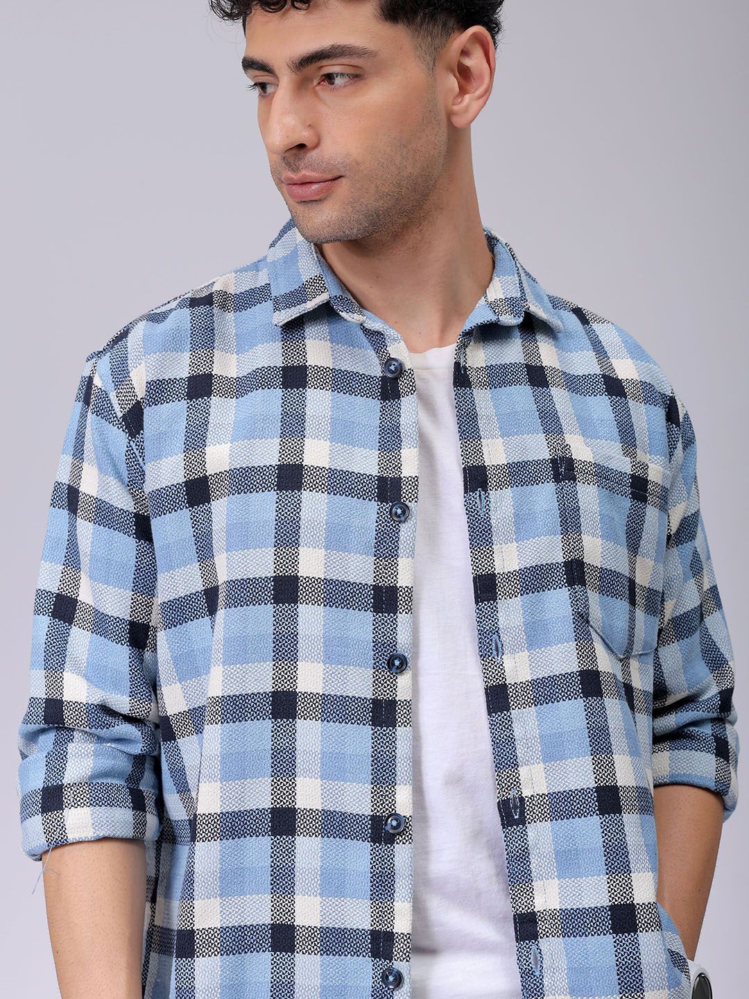 

The Indian Garage Co Men Relaxed Fit Checked Dobby Textured Resortwear Shirt, Blue