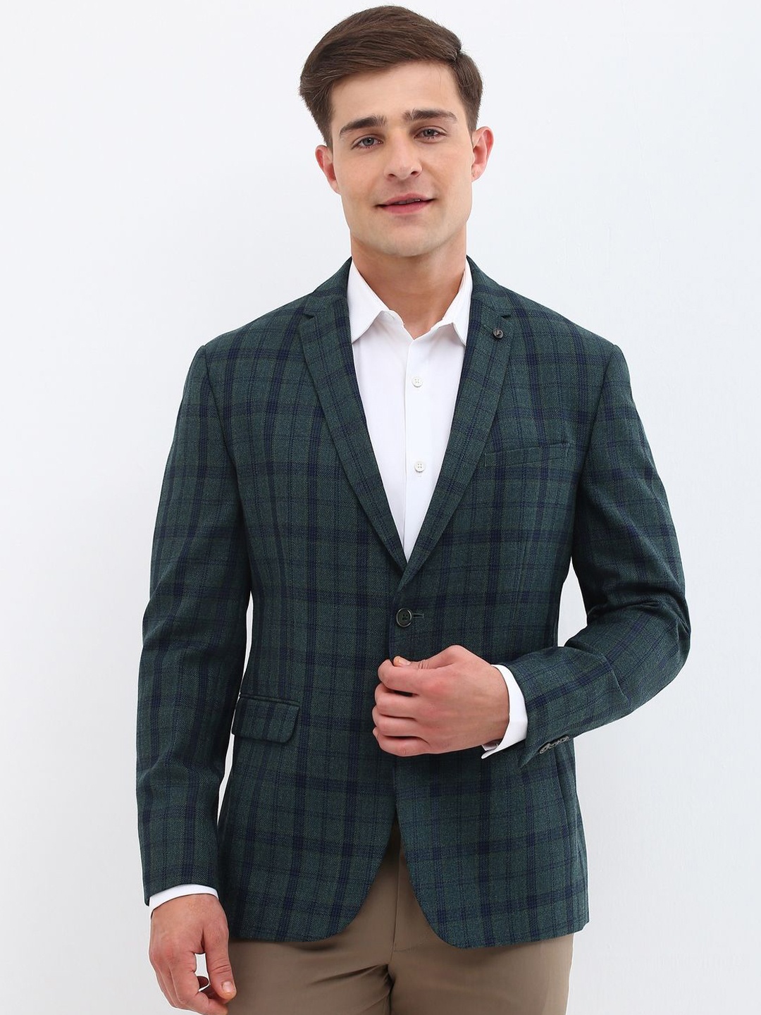 

Allen Solly Checked Slim-Fit Single-Breasted Formal Blazer, Green