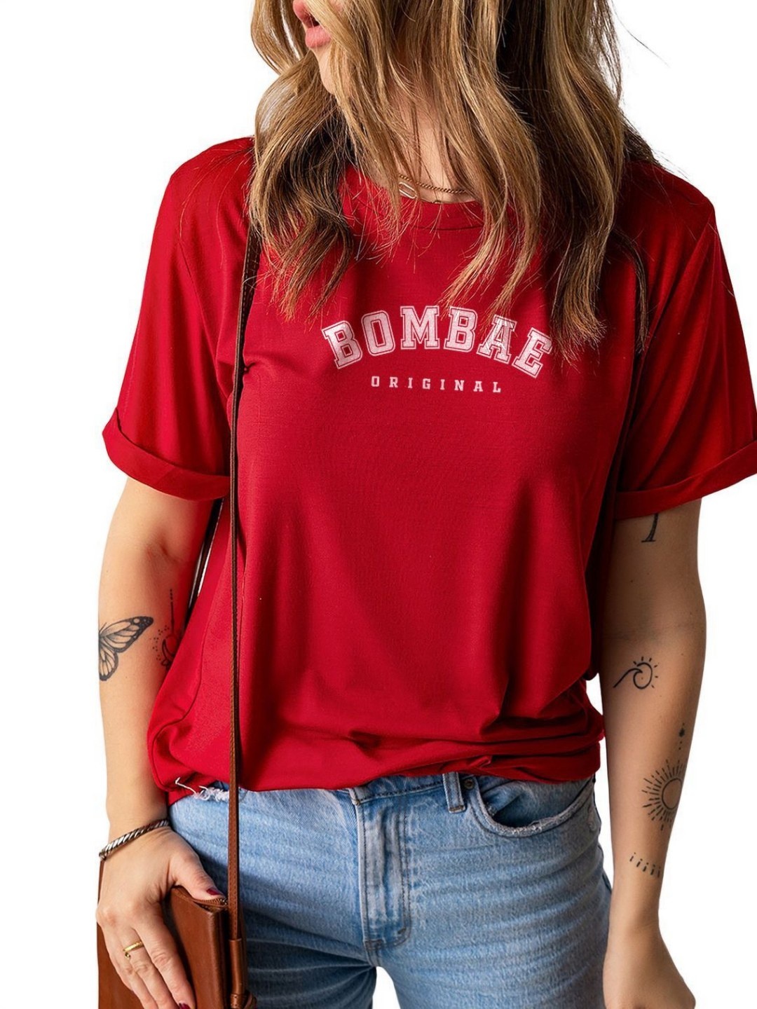 

BOMBAE TEES Women Typography V-Neck Bio Finish Applique T-shirt, Red