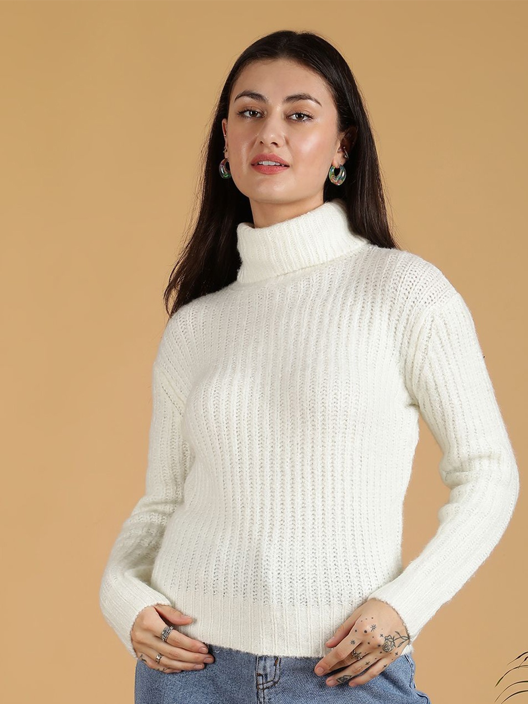 

Stylecast X Kotty Women Ribbed Turtle Neck Pullover Sweater, White