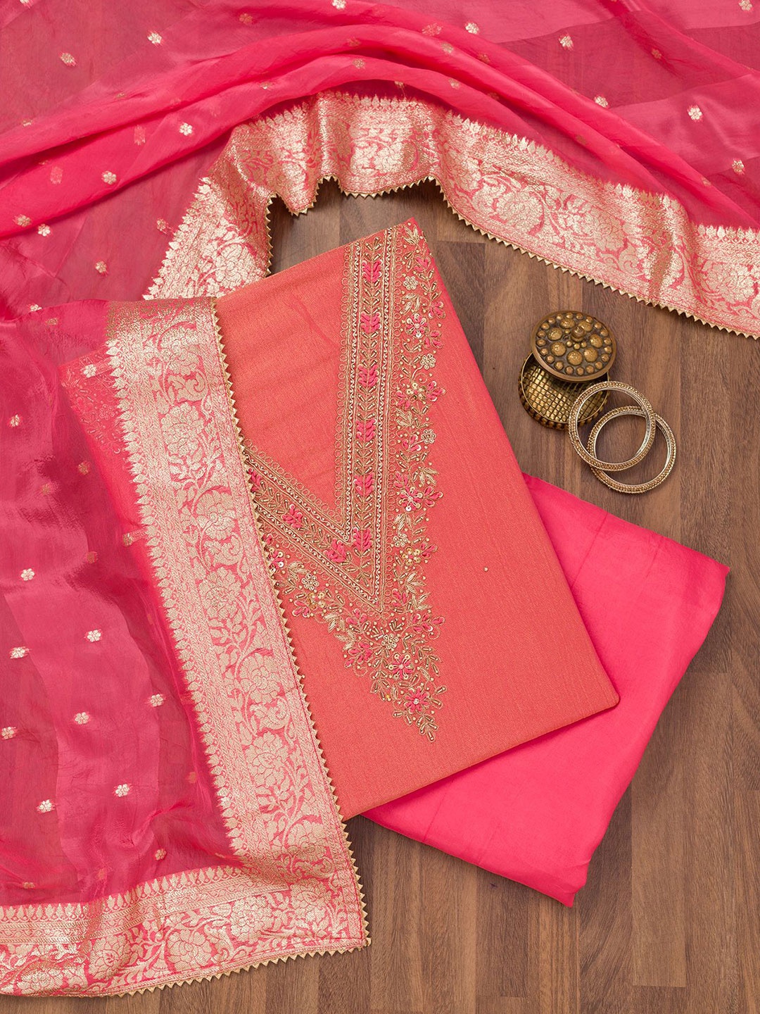 

Koskii Embroidered Raw Silk Unstitched Dress Material, Peach