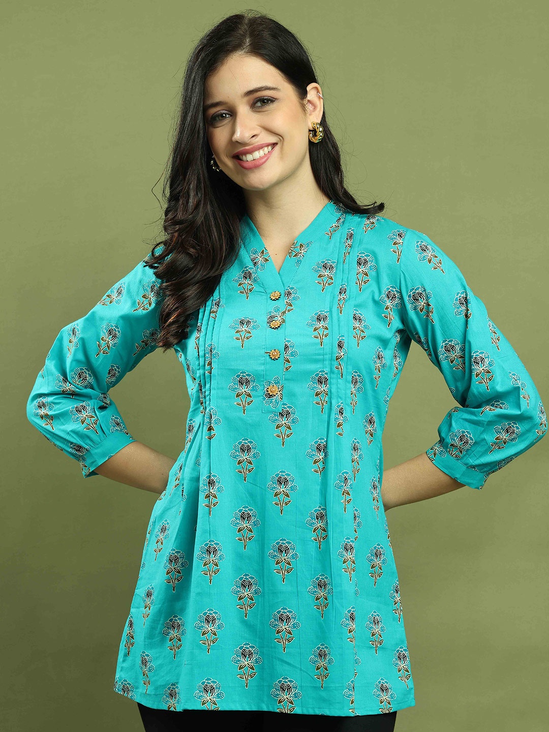 

Roly Poly Mandarin Collar Printed Ethnic Tunic, Turquoise blue