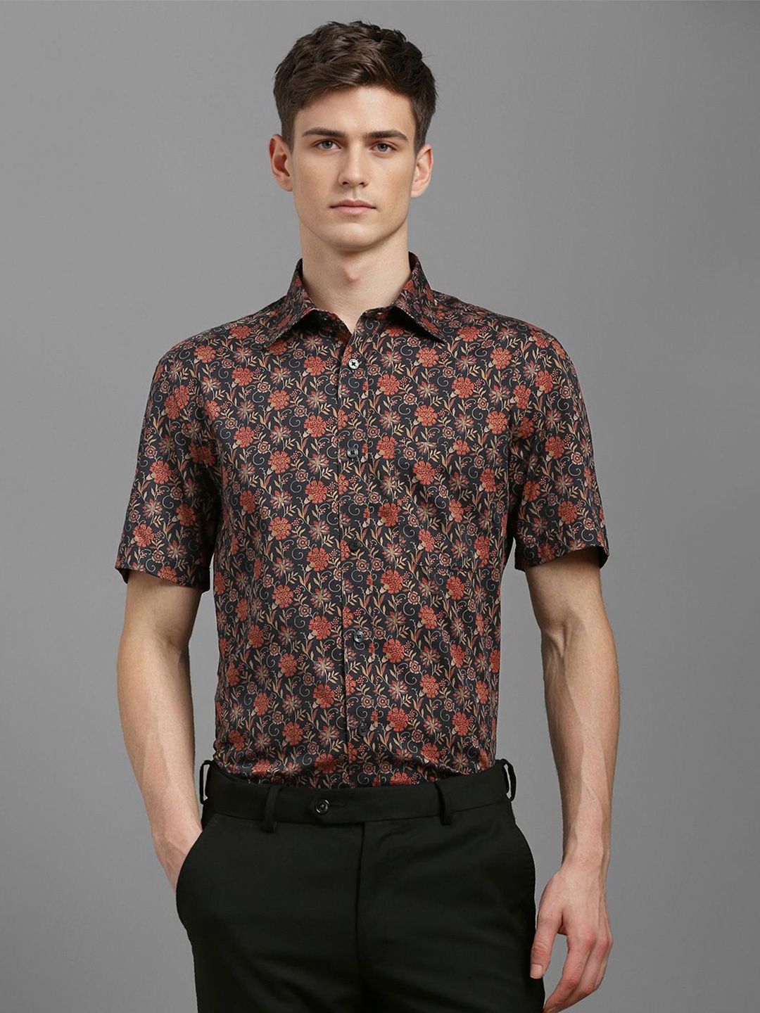 

Louis Philippe Men Classic Spread Collar Floral Printed Cotton Formal Shirt, Black