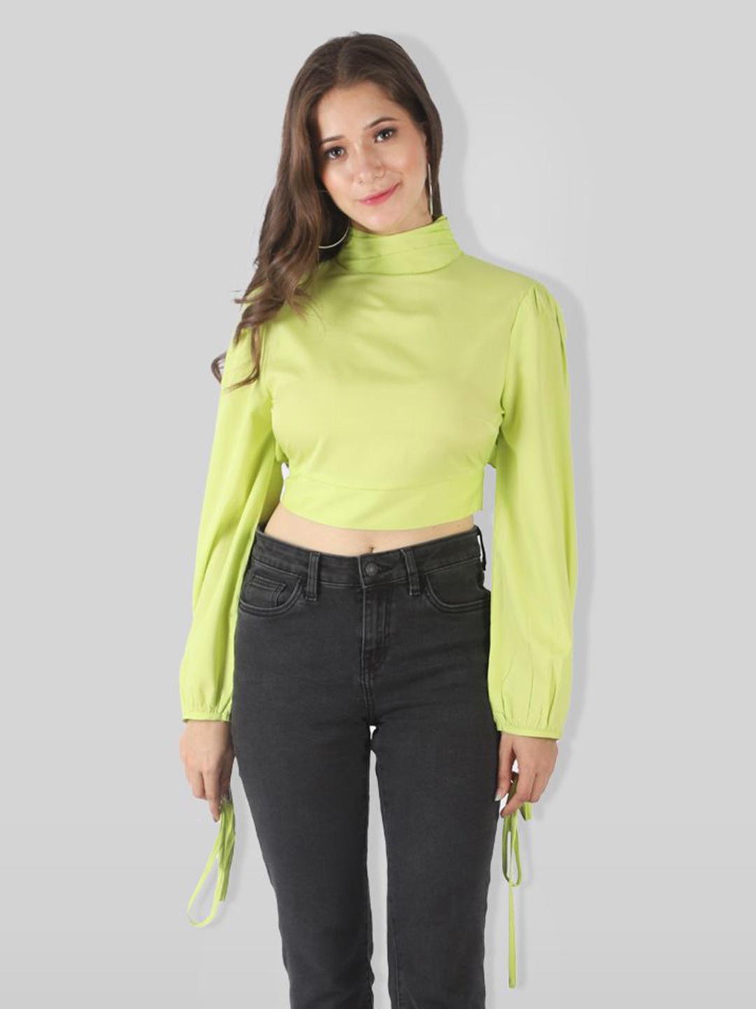 

all about you Women Mandarin Collar Puff Sleeve Top, Lime green