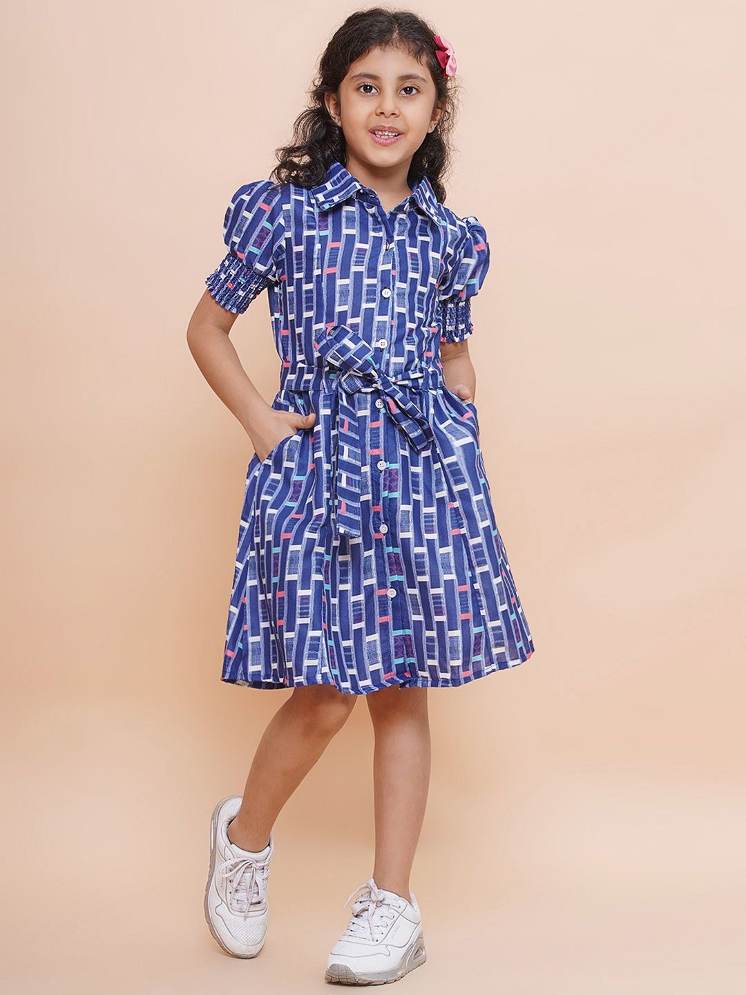 

BAESD Girls Printed Shirt Collar Puff Sleeves A-Line Dress with a Belt, Blue