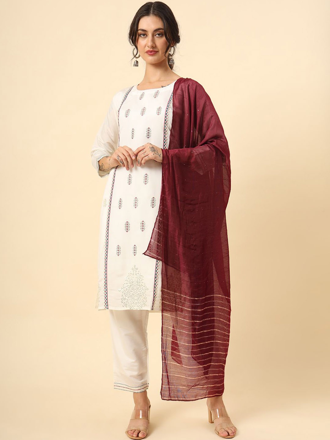 

HERE&NOW Women Embroidered Regular Sequinned Kurta with Trousers & With Dupatta, White