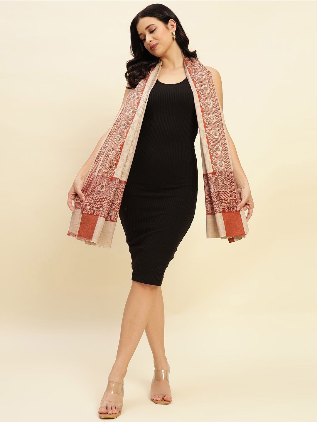 

WEAVERS VILLA Women Ethnic Motifs Woven Design Shawl, Beige