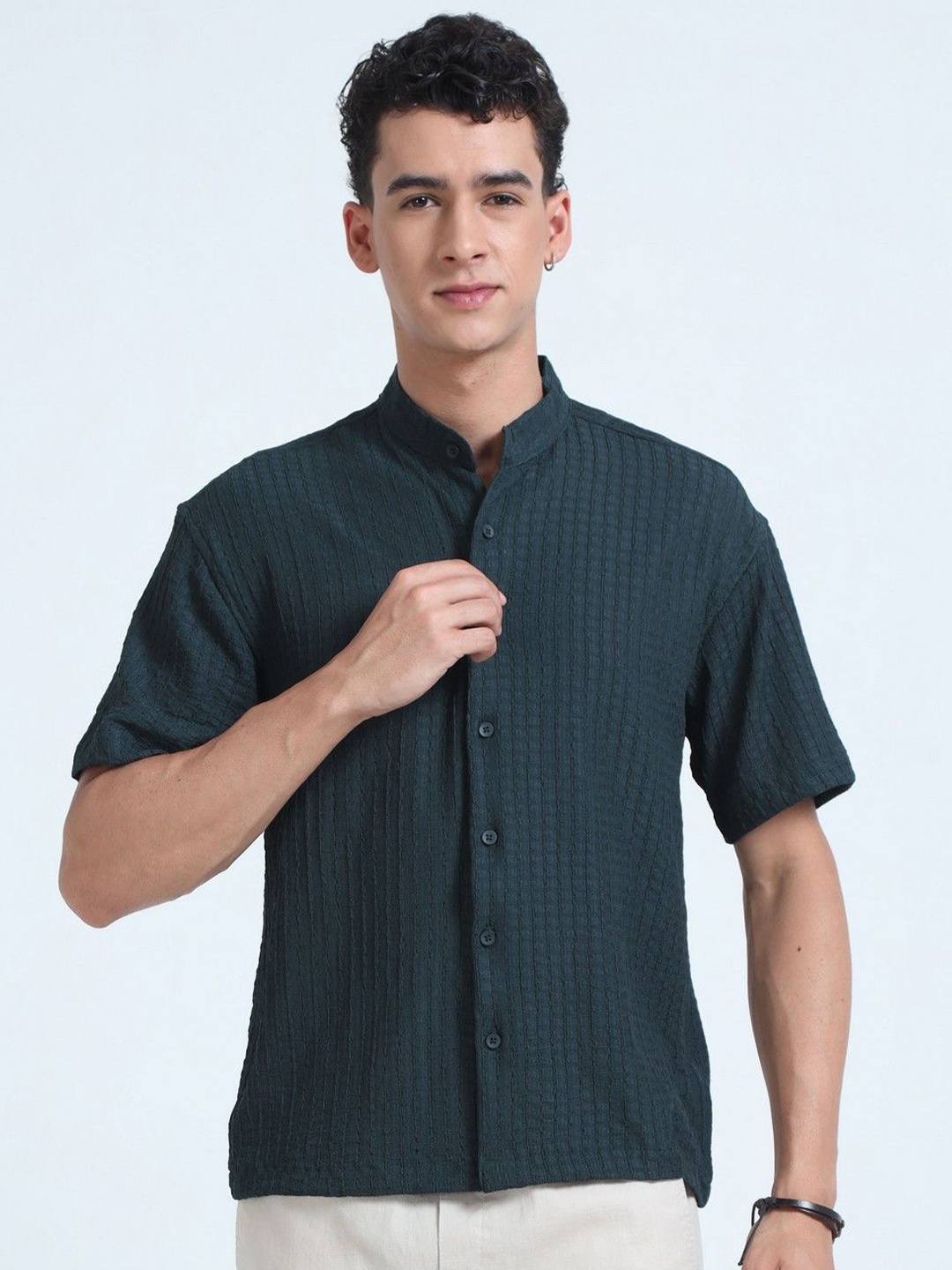 

NEVER NEUD Men Relaxed Floruit Popcorn Texture Casual Shirt, Olive