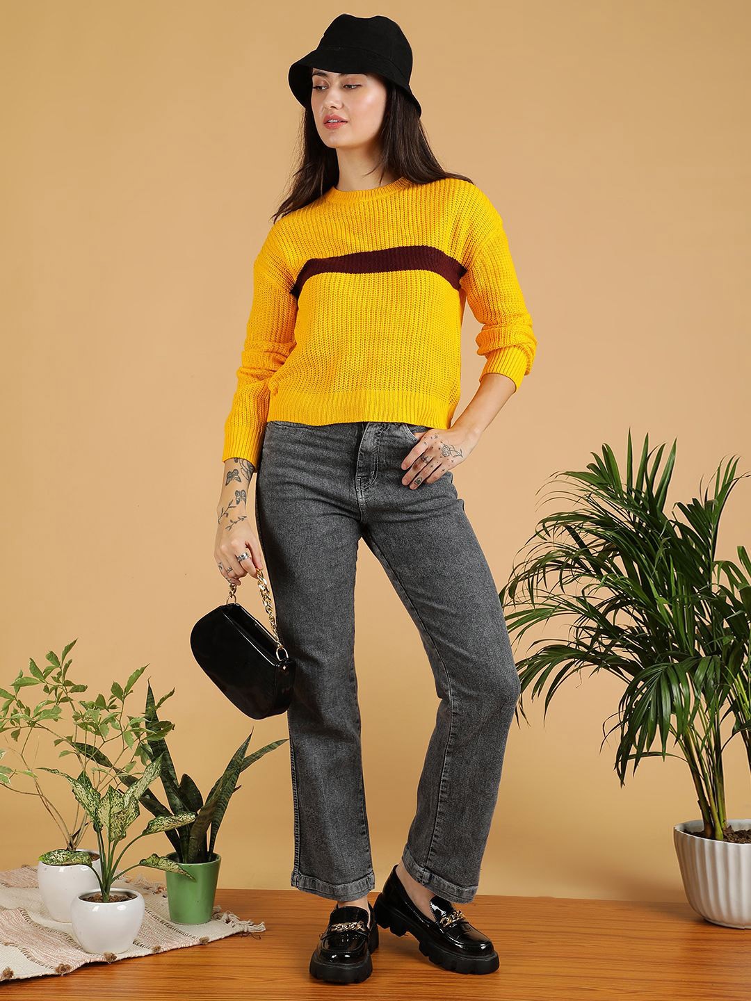 

Stylecast X Kotty Women Colourblocked Round Neck Pullover Sweaters, Yellow