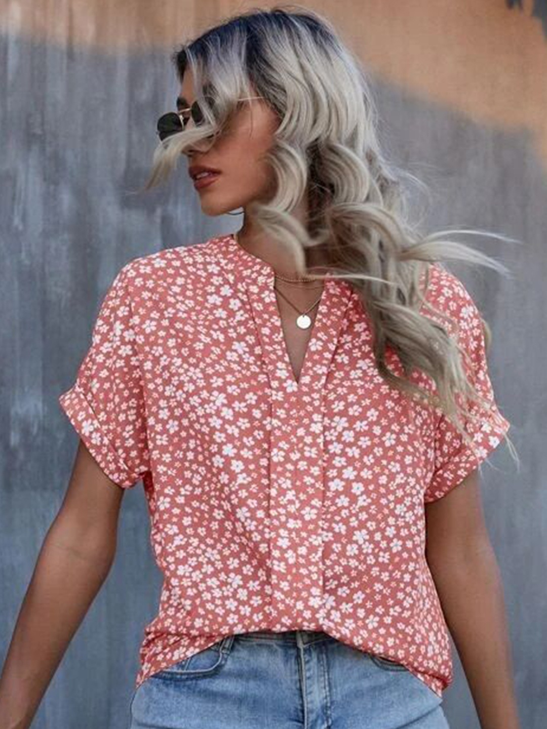 

Stylecast X Slyck Floral Printed Mandarin Collar Top, Peach