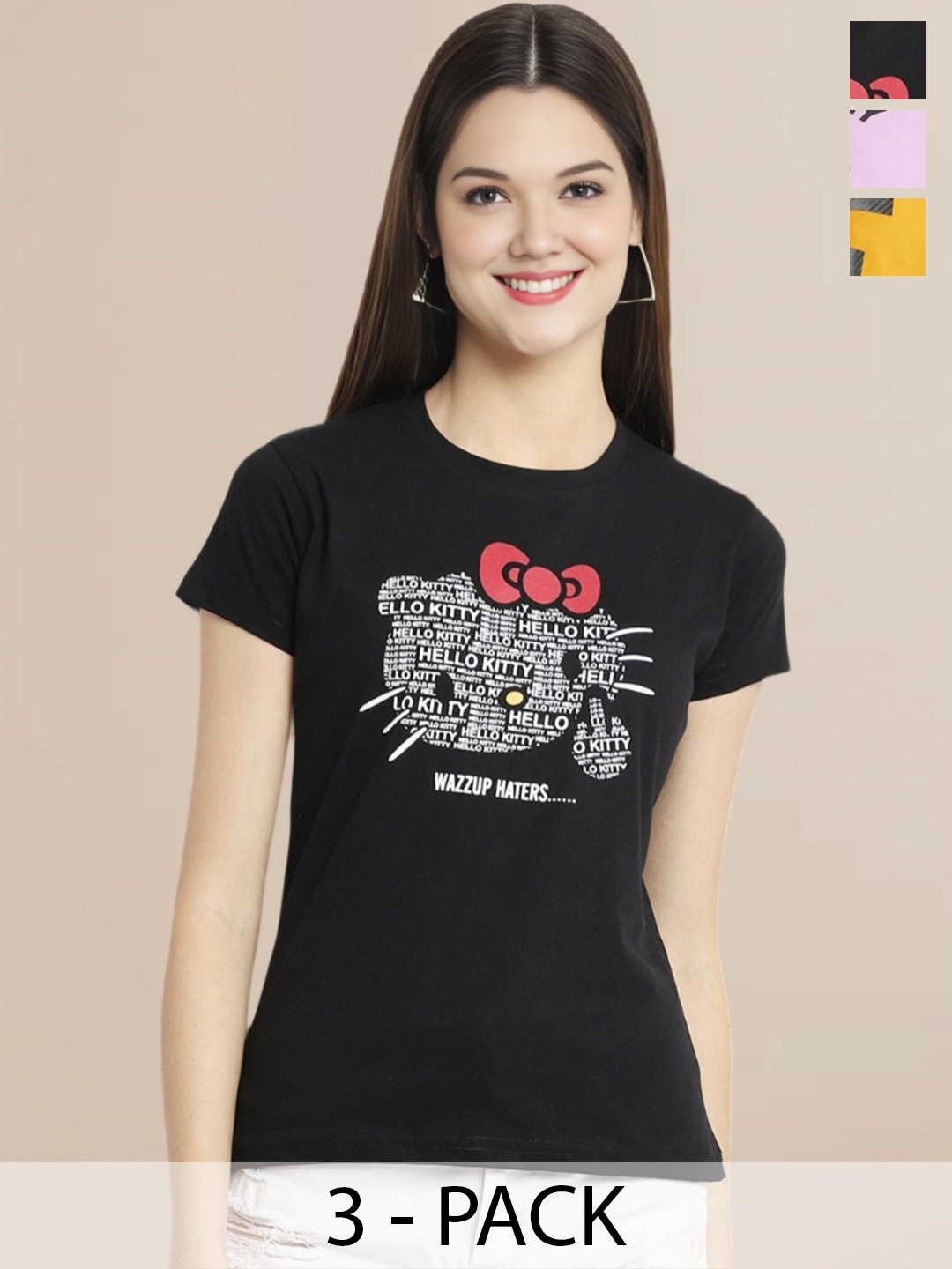 

Metronaut Women Pack Of 3 Typography Printed Round Neck Cotton T-shirts, Mustard