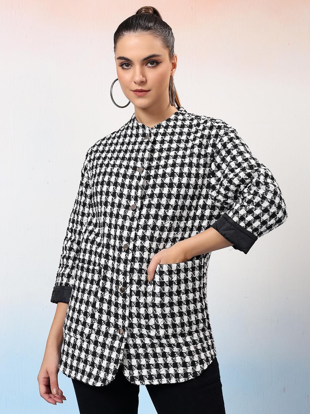 

Kotty Women Checked Mandarin Collar Single-Breasted Overcoat, Black