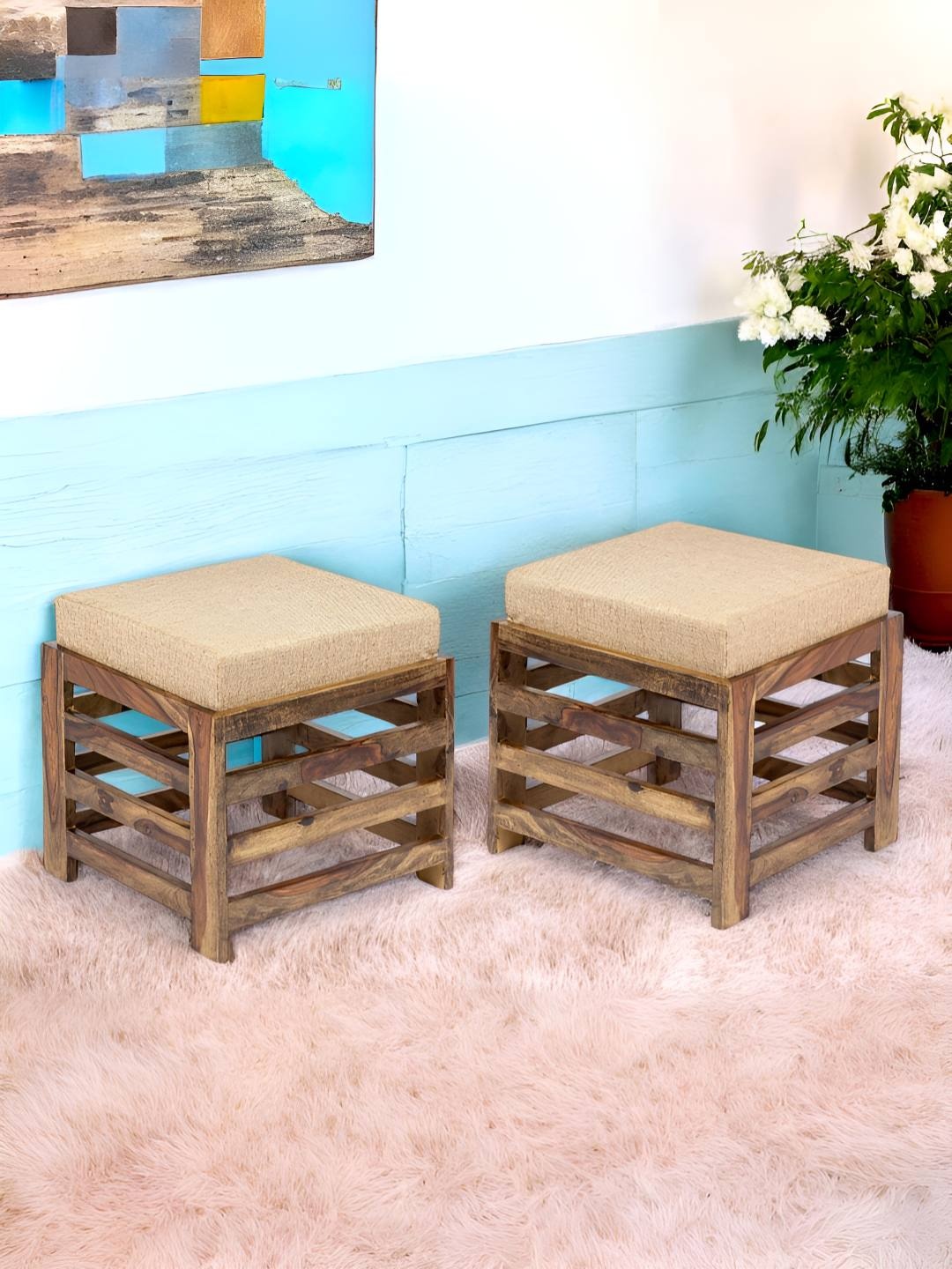 

Ikiriya 2-Pcs Beige & Brown Square Wooden Stools with Jute Cushion