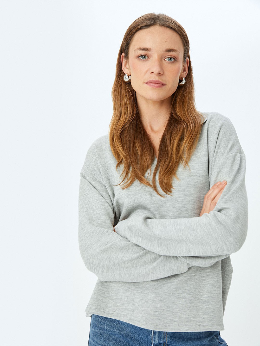 

Koton Women Shirt Collar Pullover Sweatshirt, Grey