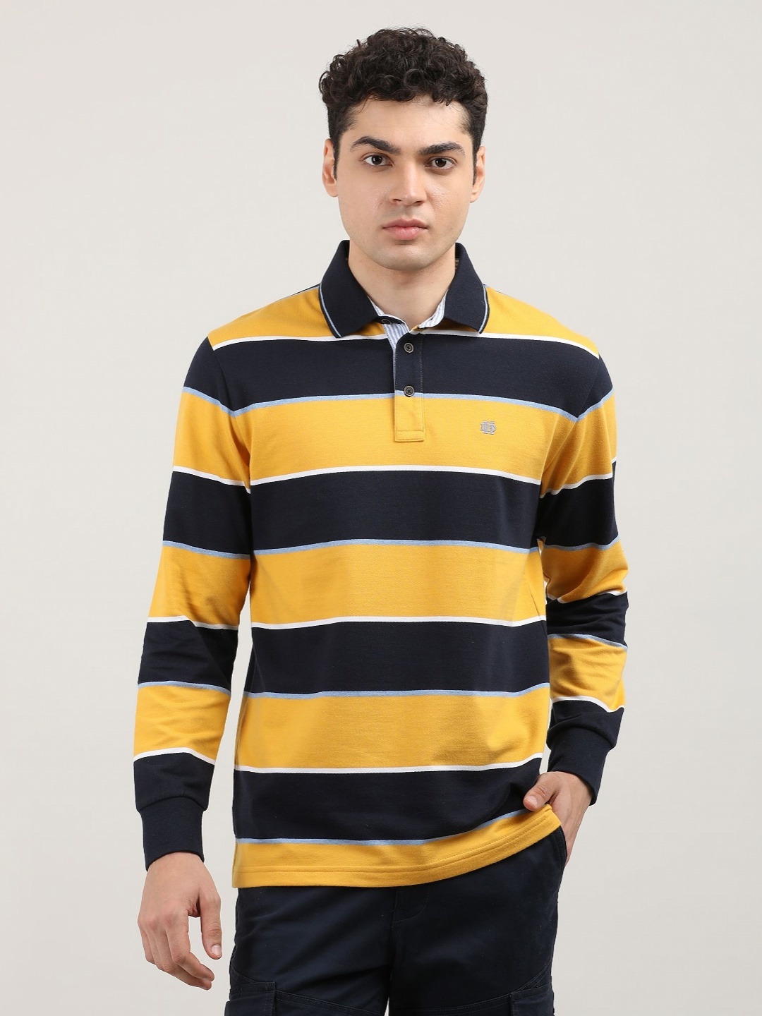 

DRAGON HILL Men Striped Polo Collar Pockets Slim Fit T-shirt, Yellow