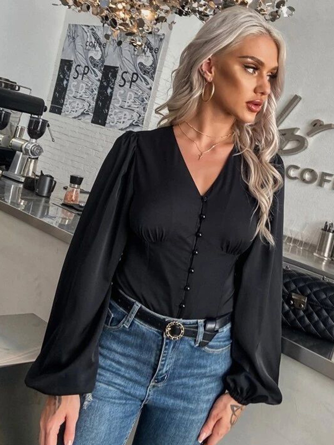

Stylecast X Slyck V-Neck Puff Sleeves Top, Black