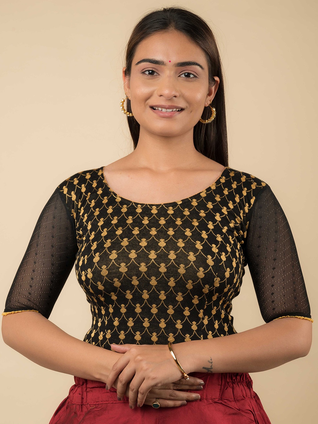 

Bindigasm's Advi Patterned Stretchable Saree Blouse, Black