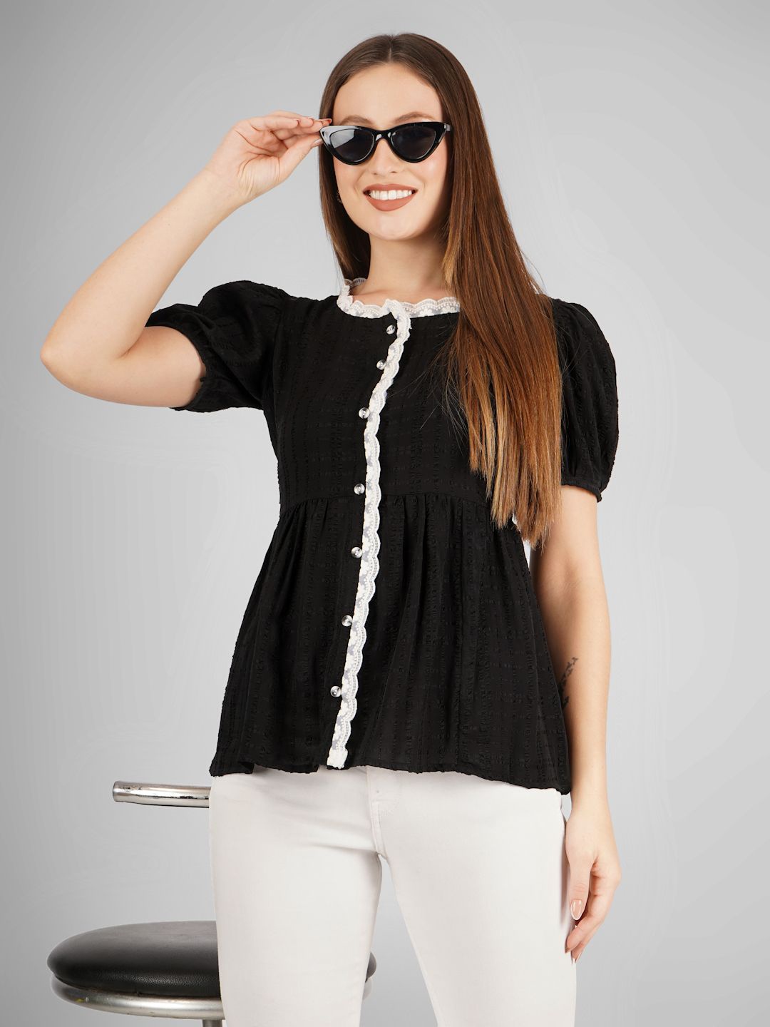 

Kinjo Women Puff Sleeve Tiered Top, Black
