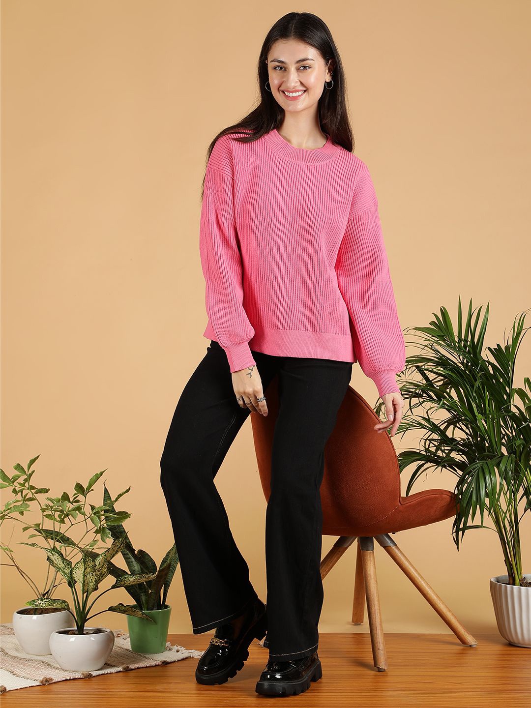 

Stylecast X Kotty Women Cable Knit Round Neck Pullover Sweater, Pink
