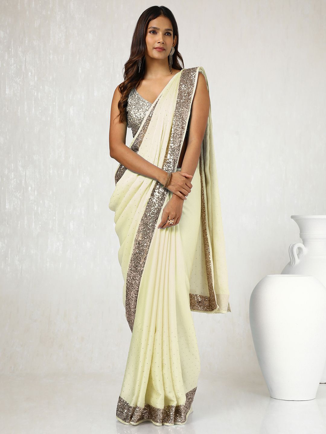 

Soch Beads and Stones Satin Saree, Cream