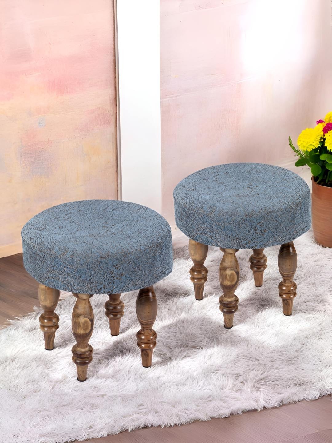 

Ikiriya Set of 2 Wood Round Stools in Blue Jacquard Work Fabric Upholstery