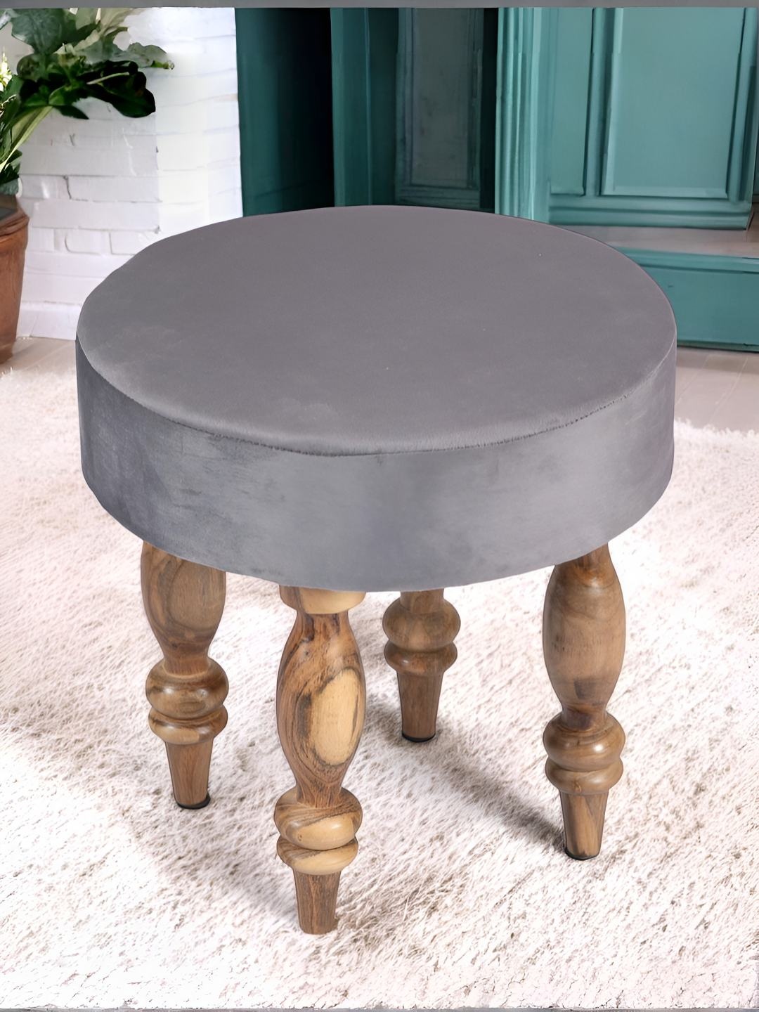 

Ikiriya Roswell Sheesham Wood Velvet Upholstery Contemporary Round Stool, Grey