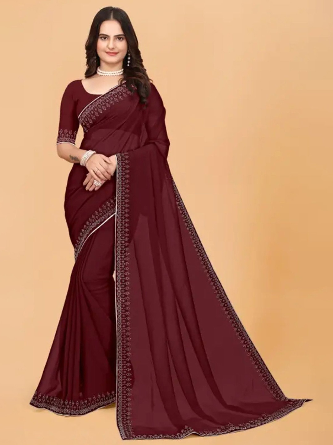 

Zeekha Sequinned Pure Georgette Heavy Work Saree, Burgundy