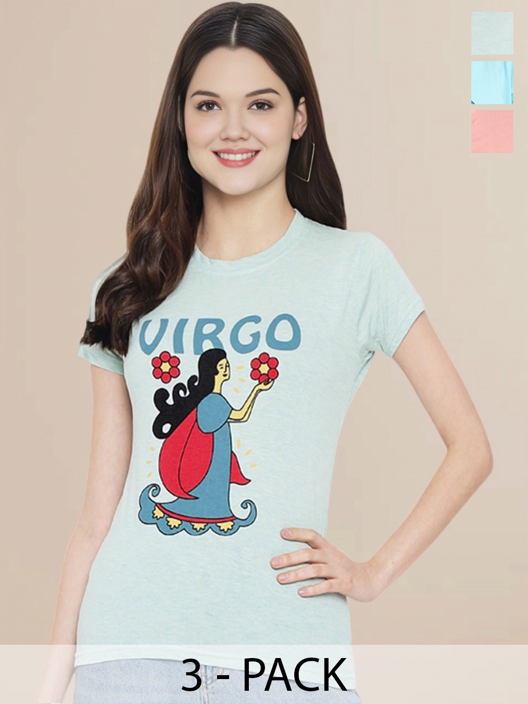 

Metronaut Women Pack Of 3 Typography Printed Round Neck Cotton Looney Tunes T-shirts, Sea green