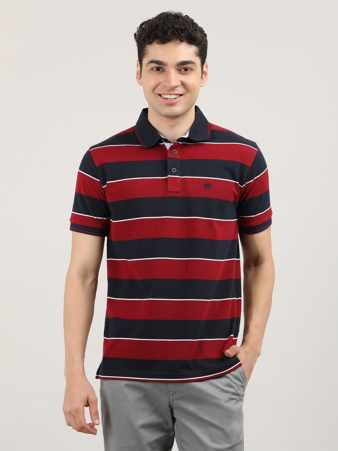 

DRAGON HILL Men Striped Polo Collar Pockets Slim Fit T-shirt, Red