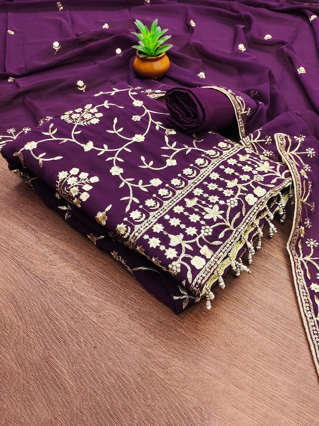 

mimi design Silk Georgette Unstitched Dress Material, Purple