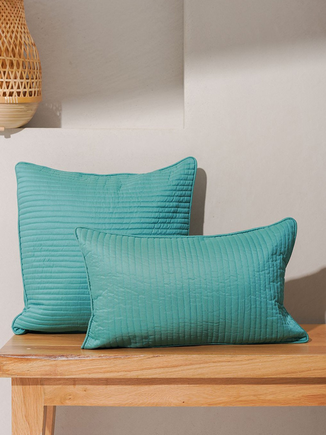 

India Circus by Krsnaa Mehta Teal Striped Square Cushion Covers