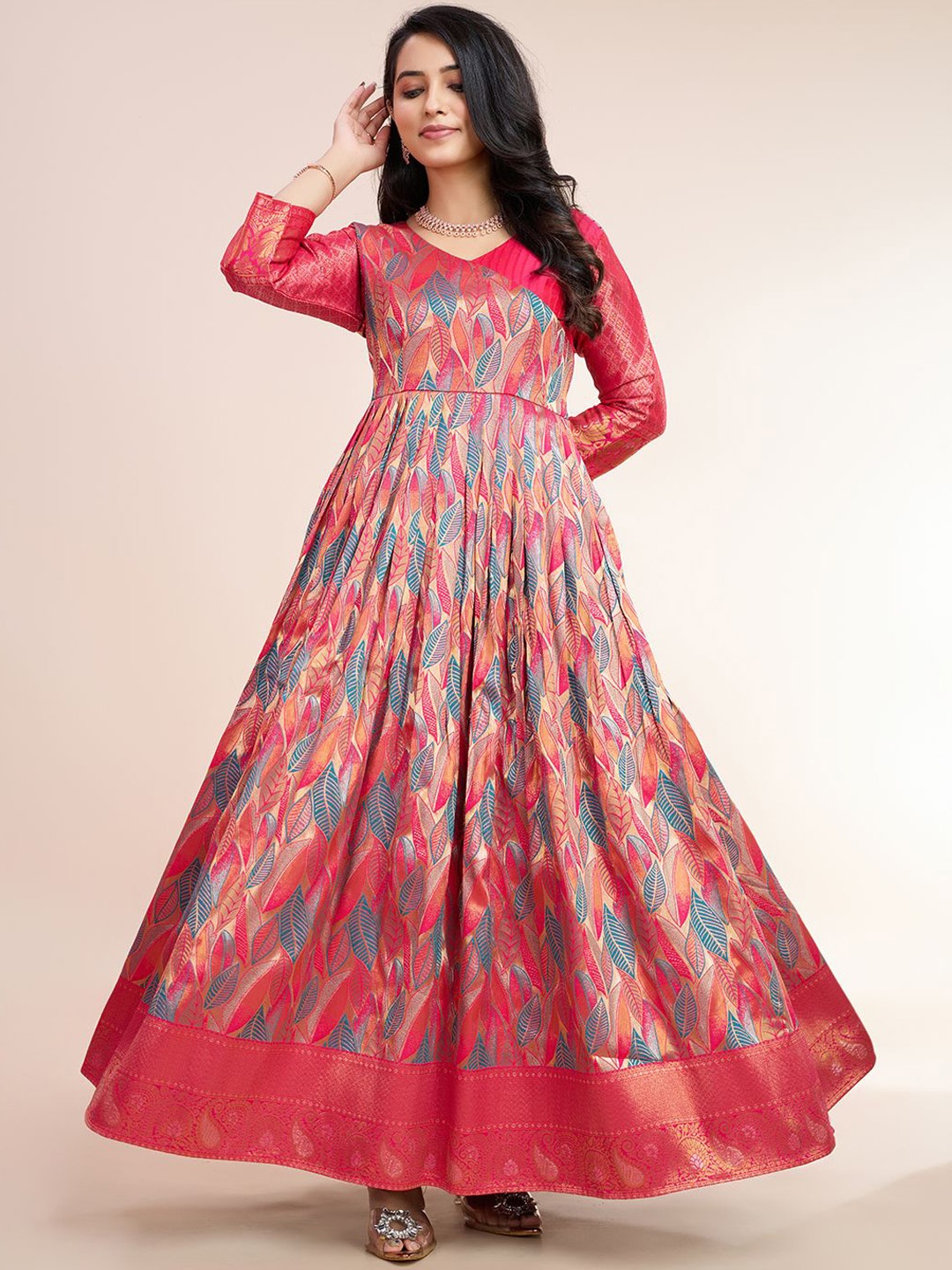 

Tasarika Printed V Neck Maxi Ethnic Dresses, Pink