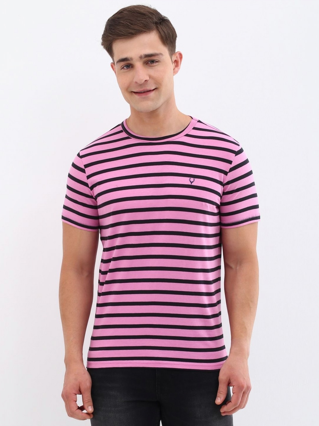 

Allen Solly Men Striped Slim Fit T-shirt, Pink