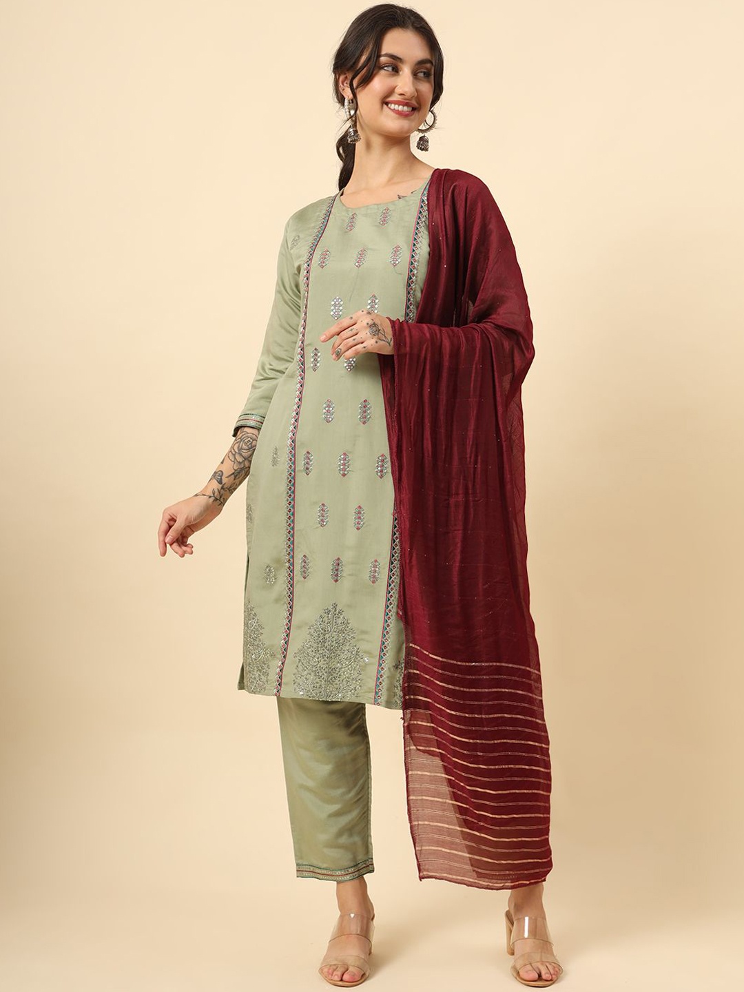 

HERE&NOW Women Embroidered Regular Sequinned Kurta with Trousers & With Dupatta, Olive