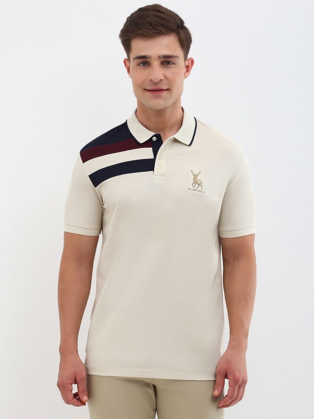 

Allen Solly Men Brand Logo Printed Polo Collar T-shirt, Cream