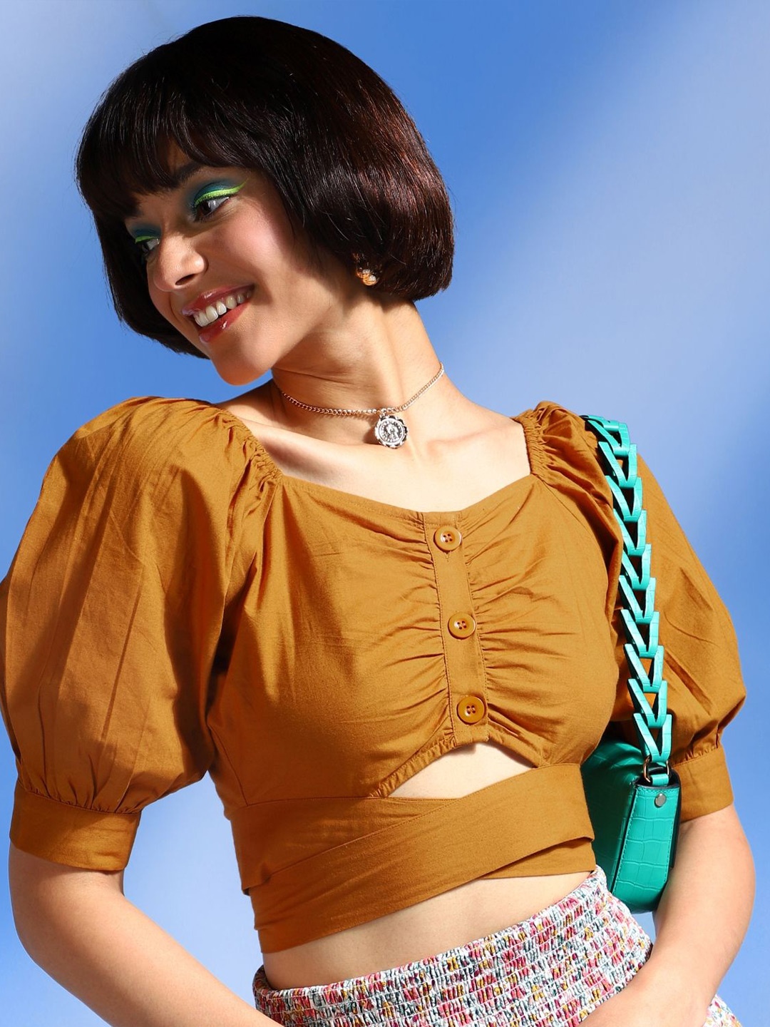 

all about you Puff Sleeve Cotton Crop Top, Brown