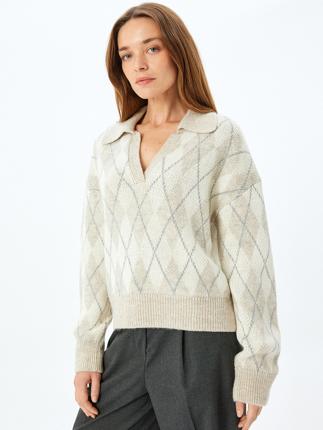 

Koton Women Self Design Shirt Collar Pullover, Beige