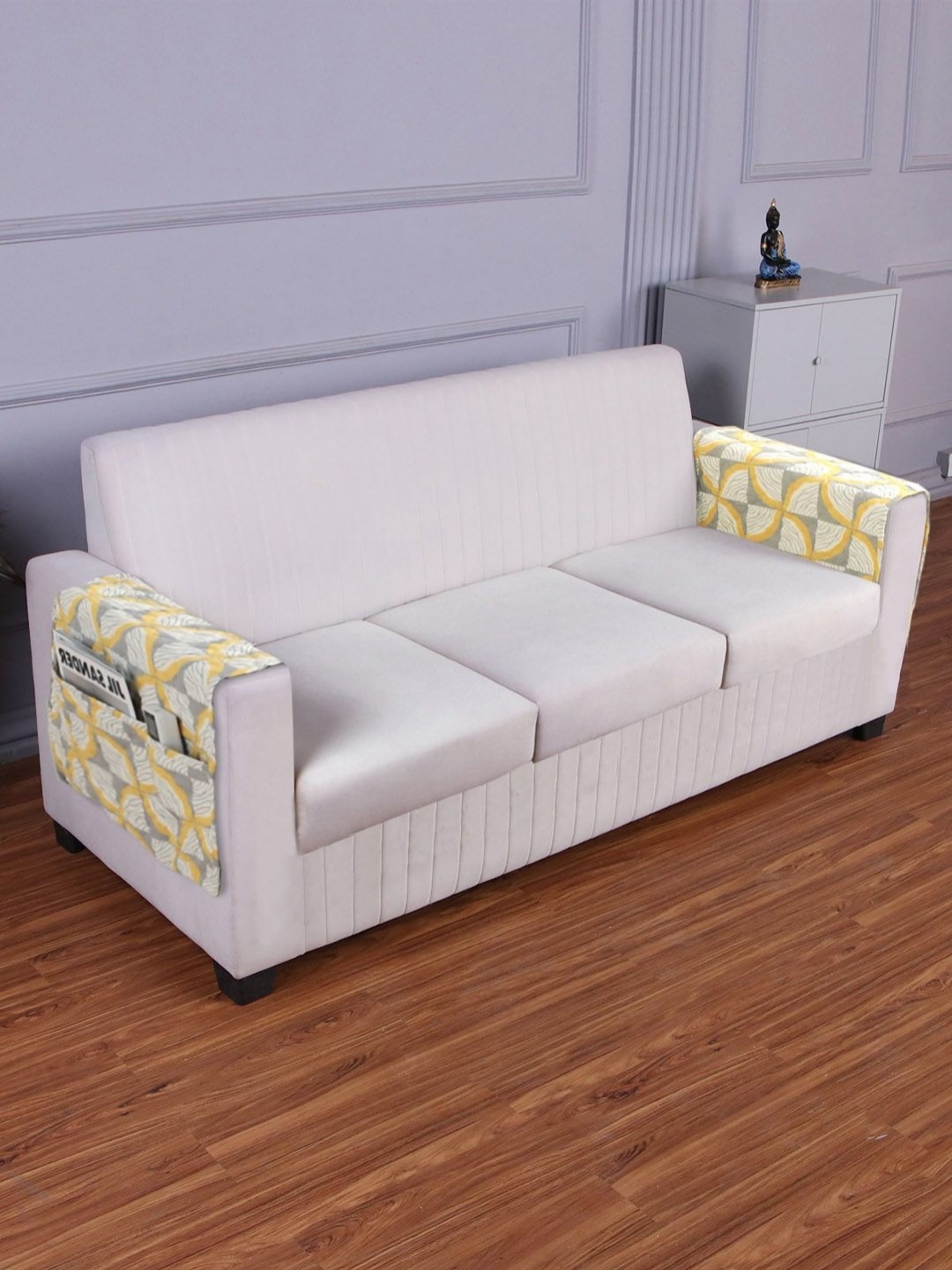 

HOKIPO Yellow & White Printed Polyester 2 Pieces Sofa Armrest Covers with Pockets